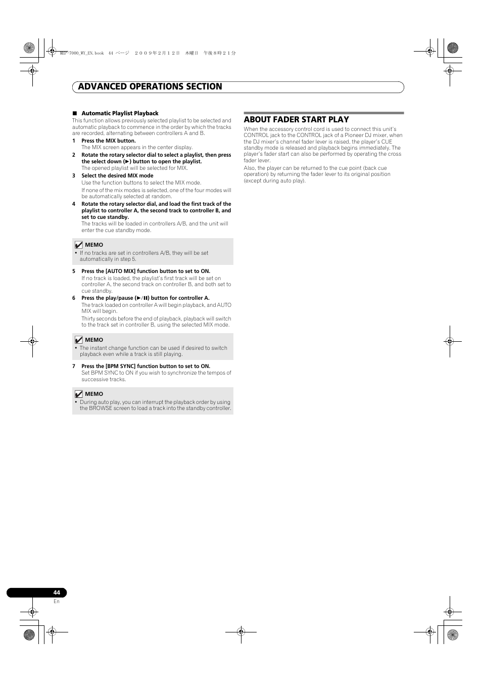 Automatic playlist playback, 1 press the mix button, 3 select the desired mix mode | 6 press the play/pause (f) button for controller a, About fader start play | Pioneer MEP-7000 User Manual | Page 44 / 208