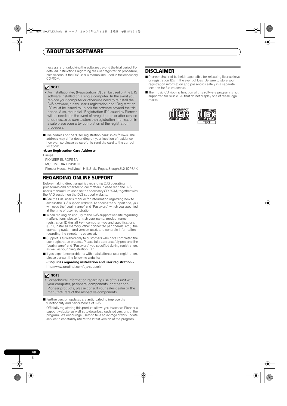 Regarding online support, Disclaimer, Regarding online support disclaimer | About djs software | Pioneer MEP-7000 User Manual | Page 48 / 208