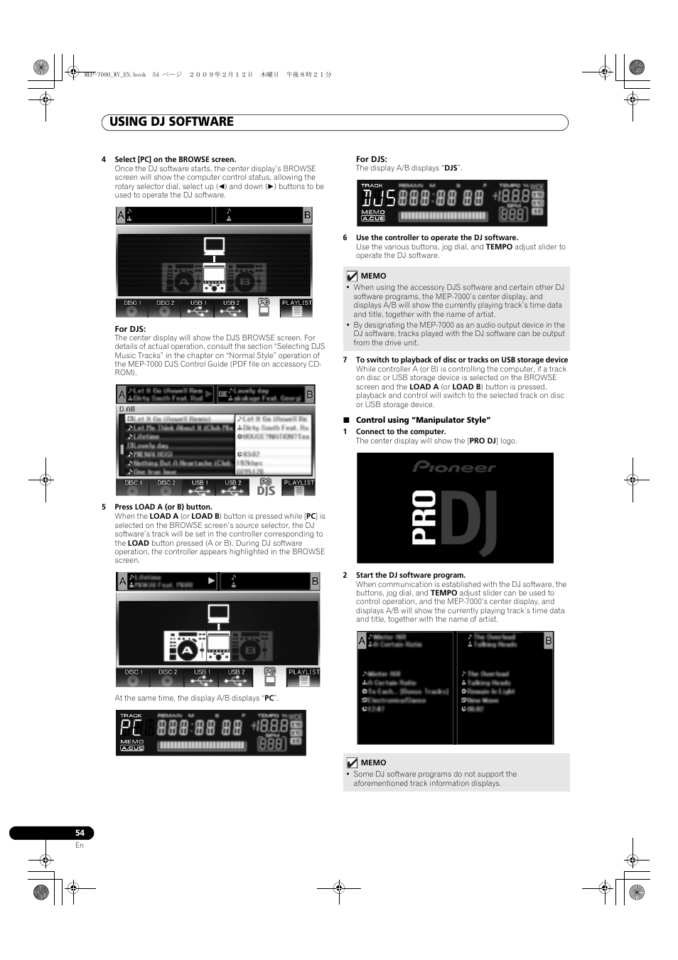 4 select [pc] on the browse screen, 5 press load a (or b) button, 6 use the controller to operate the dj software | Control using “manipulator style, 1 connect to the computer, 2 start the dj software program, Using dj software | Pioneer MEP-7000 User Manual | Page 54 / 208