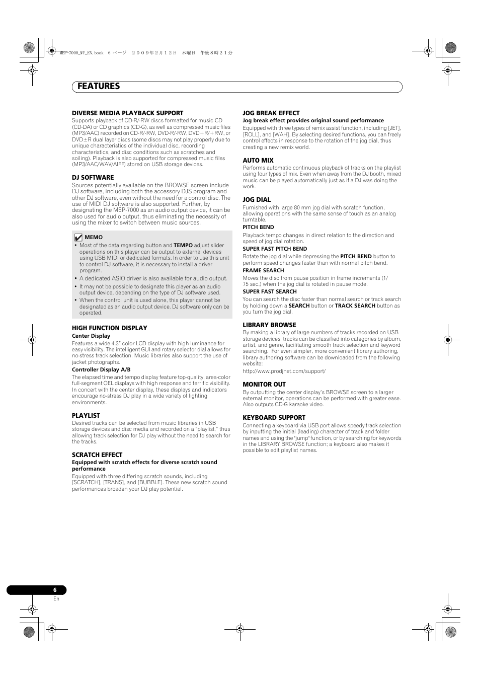 Features | Pioneer MEP-7000 User Manual | Page 6 / 208