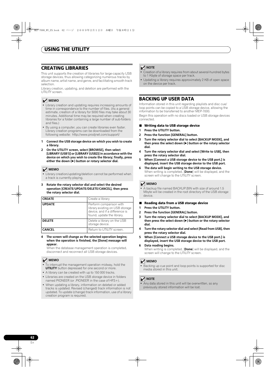 Creating libraries, Backing up user data, Writing data to usb storage device | 1 press the utility button, 2 press the function [general] button, Reading data from a usb storage device, 6 data reading begins, Creating libraries backing up user data, Using the utility | Pioneer MEP-7000 User Manual | Page 62 / 208