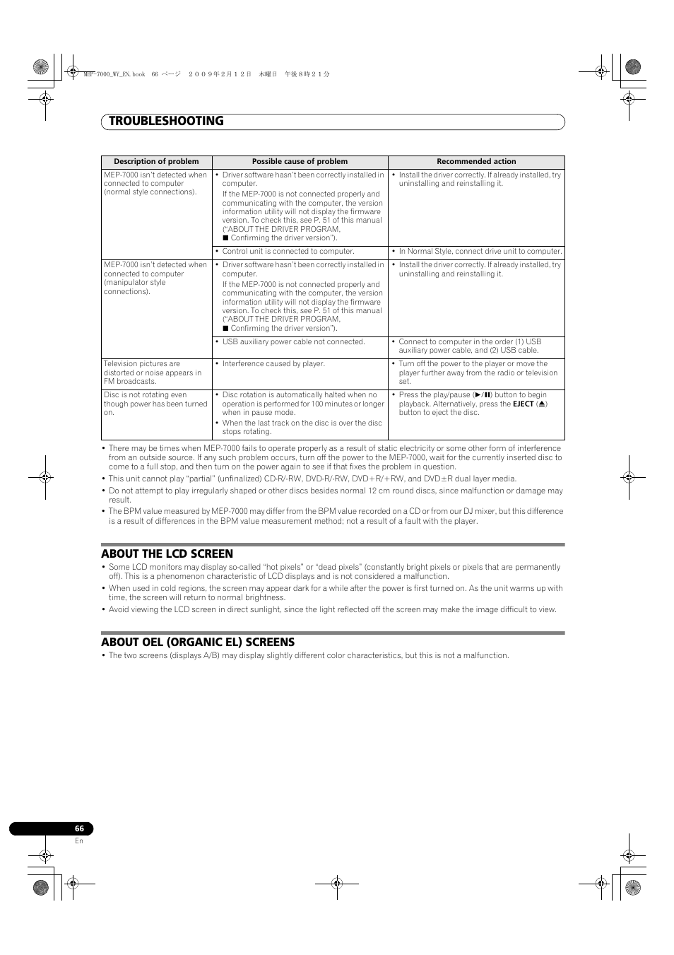 About the lcd screen, About oel (organic el) screens, Troubleshooting | Pioneer MEP-7000 User Manual | Page 66 / 208