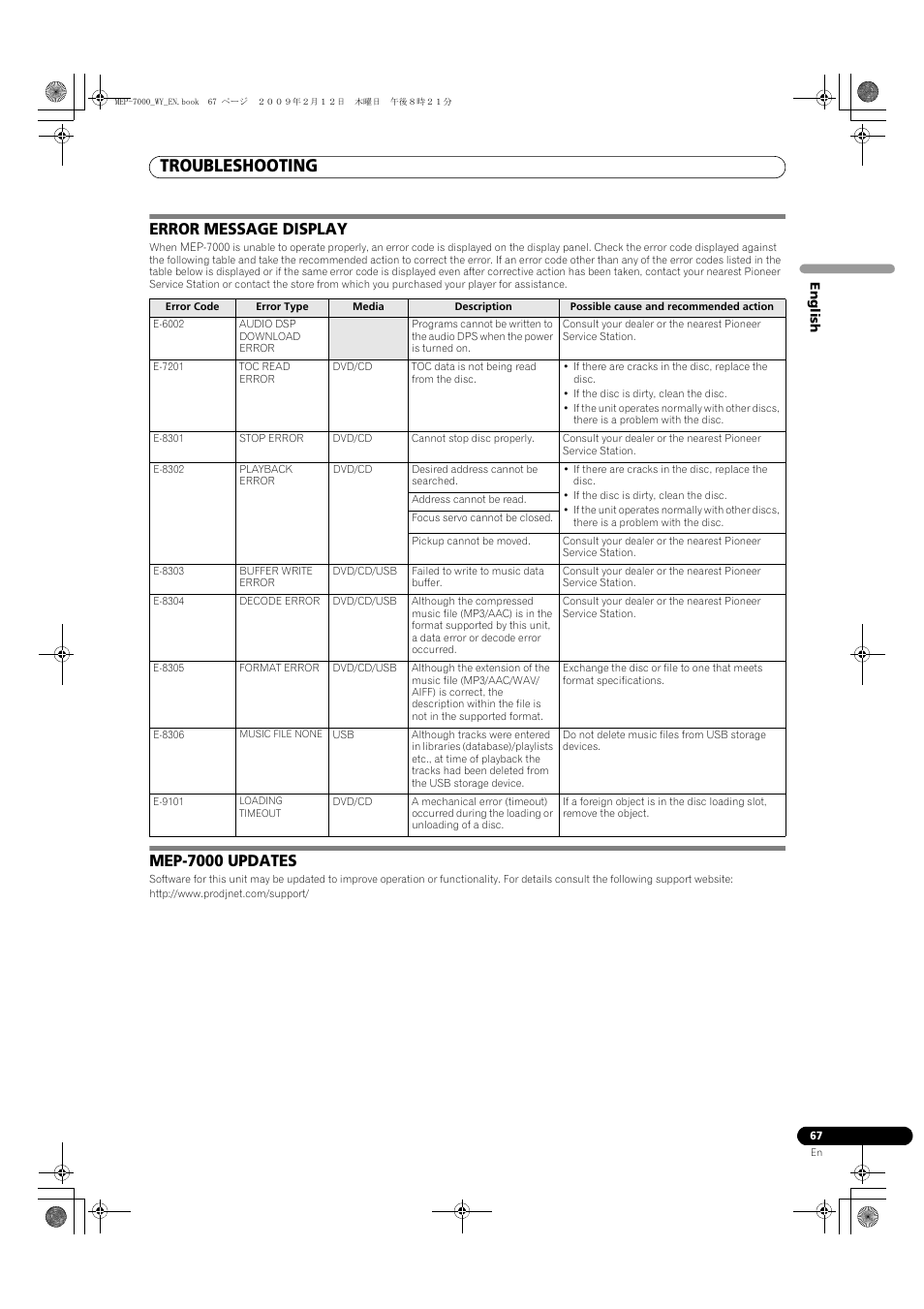 Error message display, Playback error, Mep-7000 updates | Http://www.prodjnet.com/support, Error message display mep-7000 updates, Troubleshooting | Pioneer MEP-7000 User Manual | Page 67 / 208