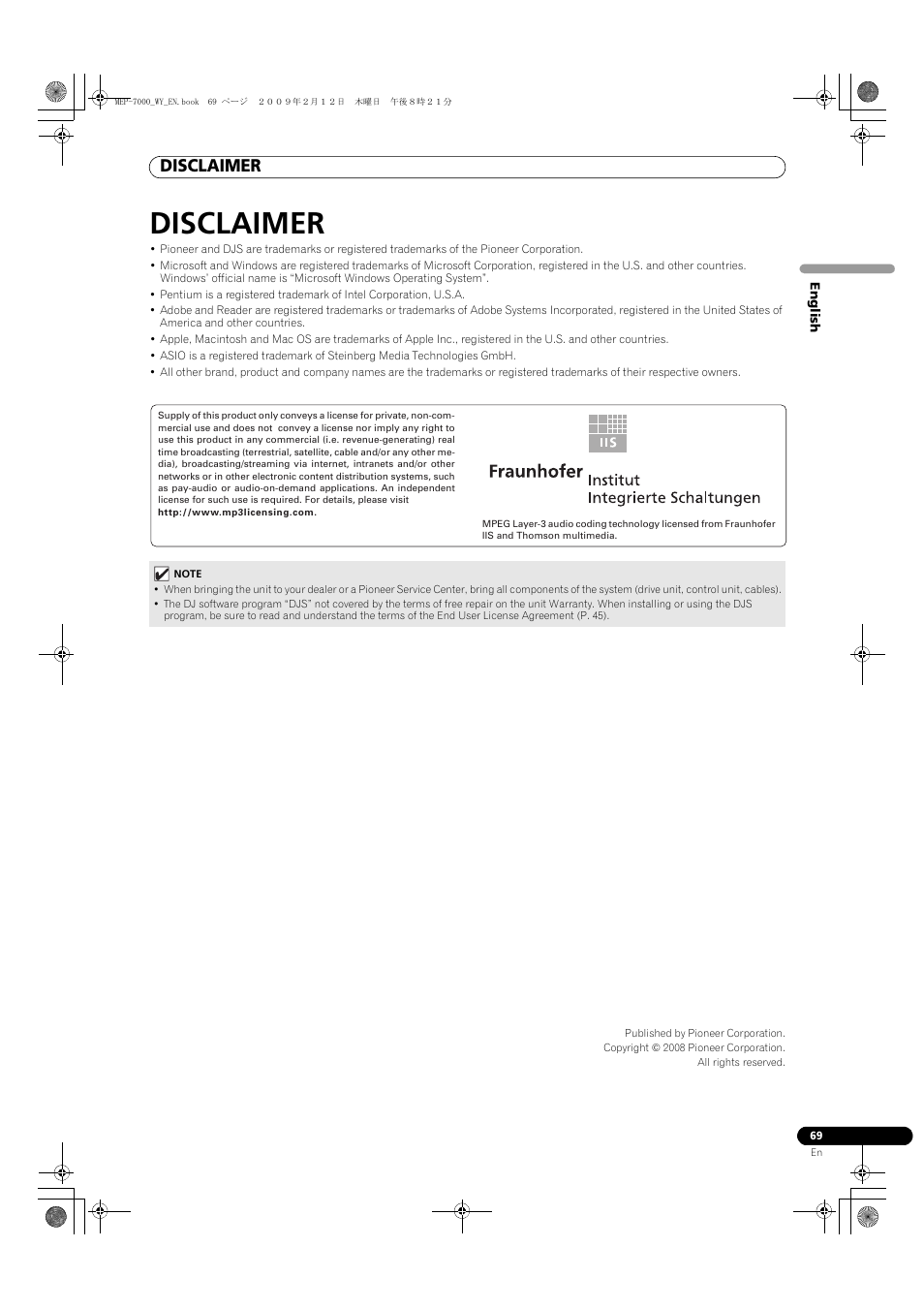 Disclaimer | Pioneer MEP-7000 User Manual | Page 69 / 208