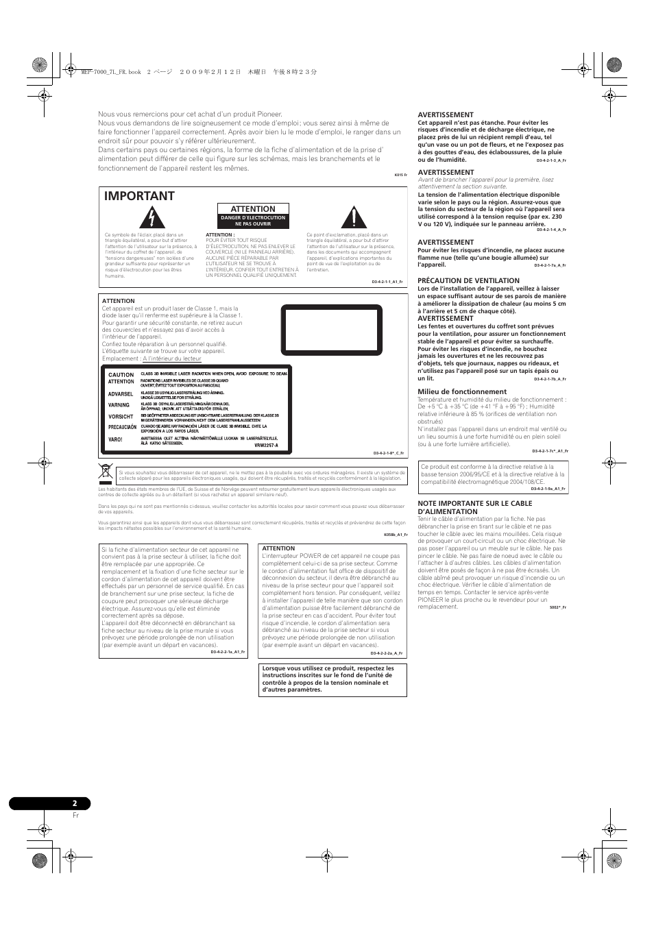 Important, Appareil á laser de classe 1, Attention | Pioneer MEP-7000 User Manual | Page 70 / 208