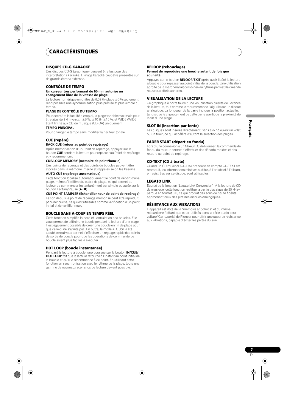 Caractéristiques | Pioneer MEP-7000 User Manual | Page 75 / 208