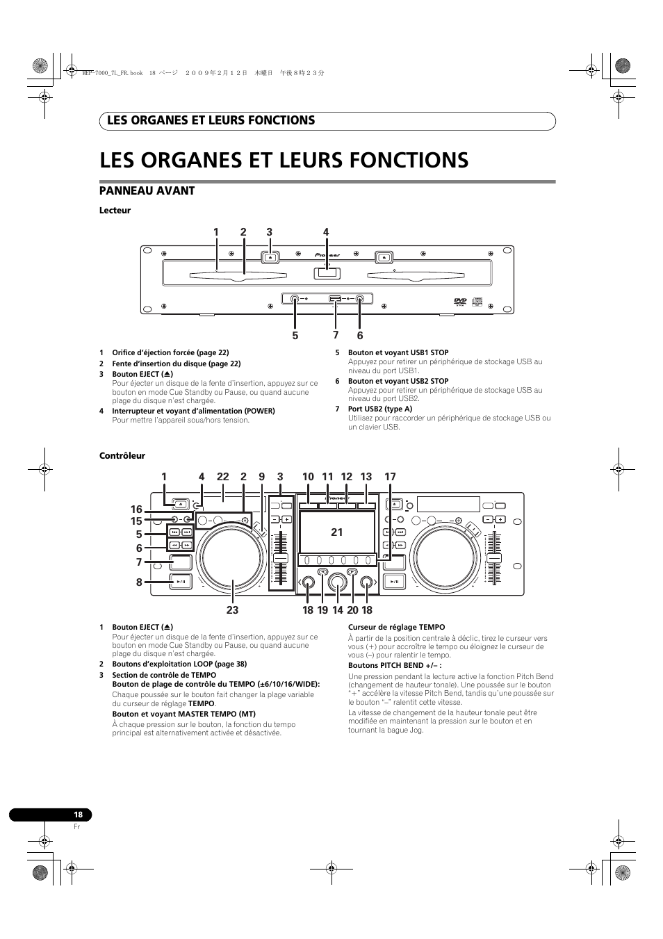 Les organes et leurs fonctions, Panneau avant, Lecteur | Contrôleur | Pioneer MEP-7000 User Manual | Page 86 / 208