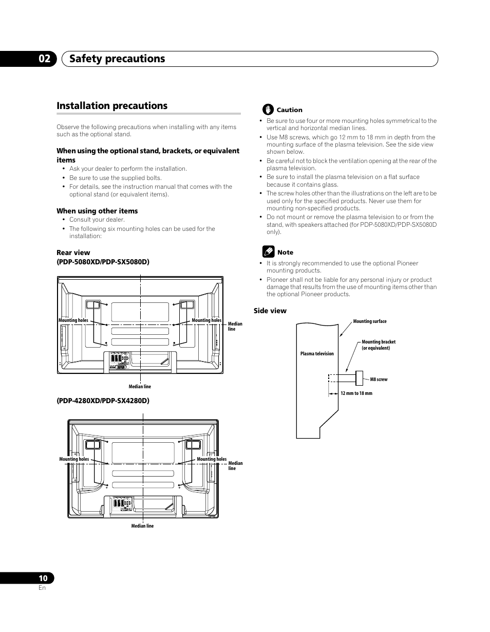 Installation precautions, Safety precautions 02 | Pioneer PDP-SX5080D User Manual | Page 10 / 236