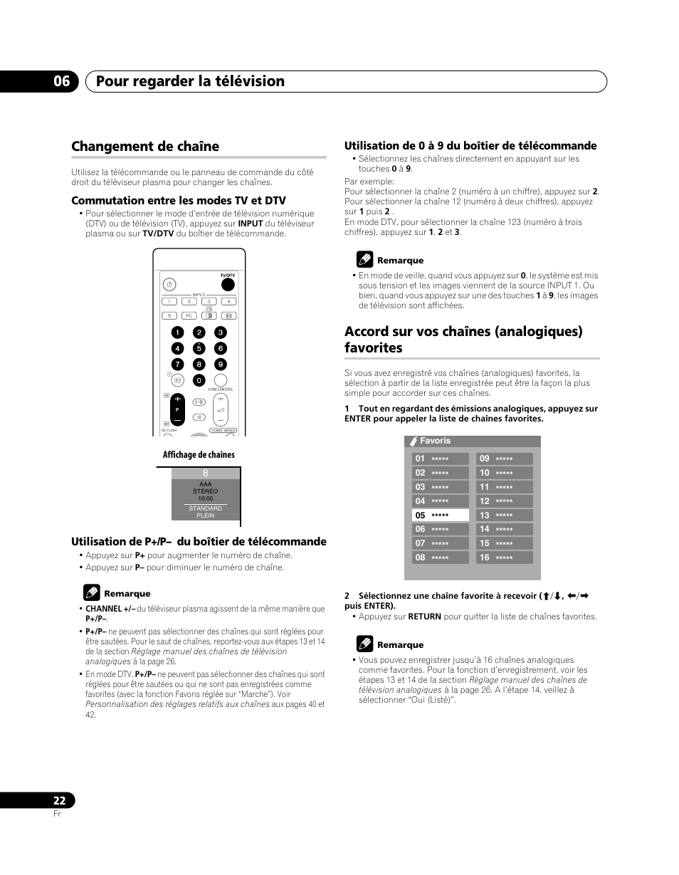 Pour regarder la télévision 06, Changement de chaîne, Accord sur vos chaînes (analogiques) favorites | Pioneer PDP-SX5080D User Manual | Page 100 / 236
