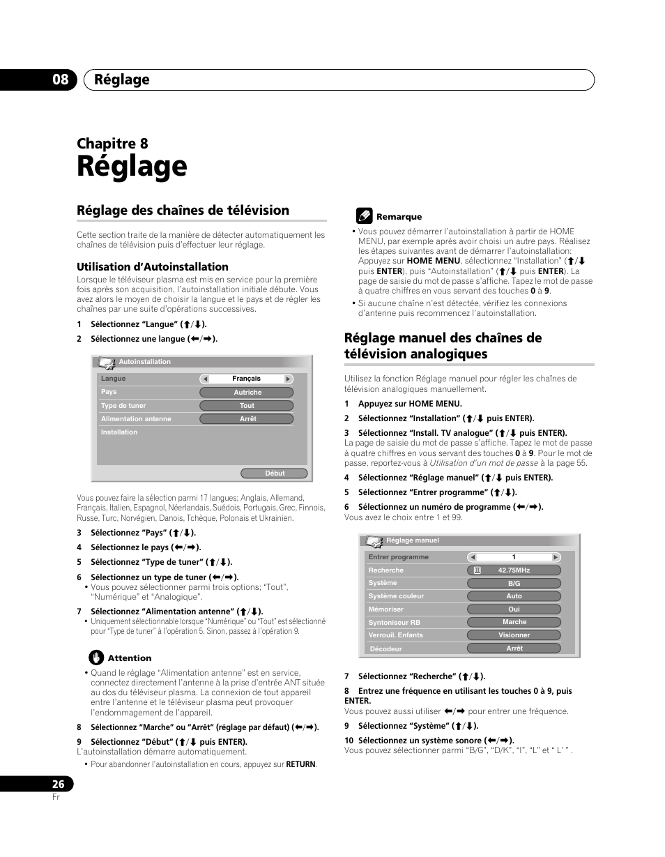08 réglage, Analogiques, Réglage | Réglage 08, Chapitre 8, Réglage des chaînes de télévision | Pioneer PDP-SX5080D User Manual | Page 104 / 236