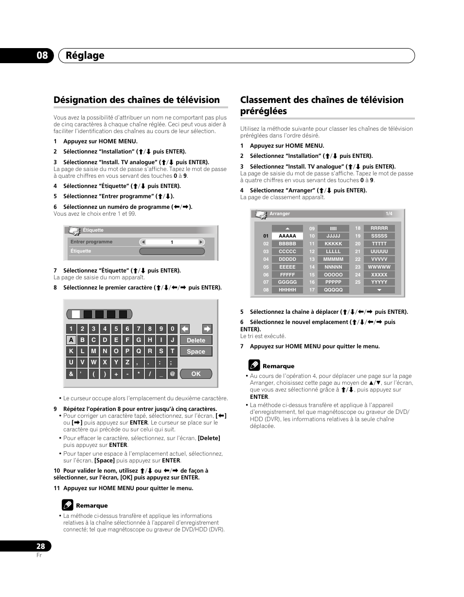 Réglage 08, Désignation des chaînes de télévision, Classement des chaînes de télévision préréglées | Pioneer PDP-SX5080D User Manual | Page 106 / 236