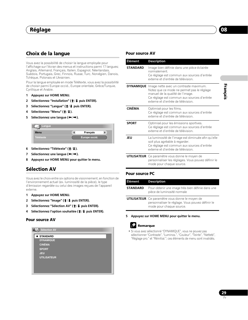 Choix de la langue sélection av, Réglage 08, Choix de la langue | Sélection av | Pioneer PDP-SX5080D User Manual | Page 107 / 236