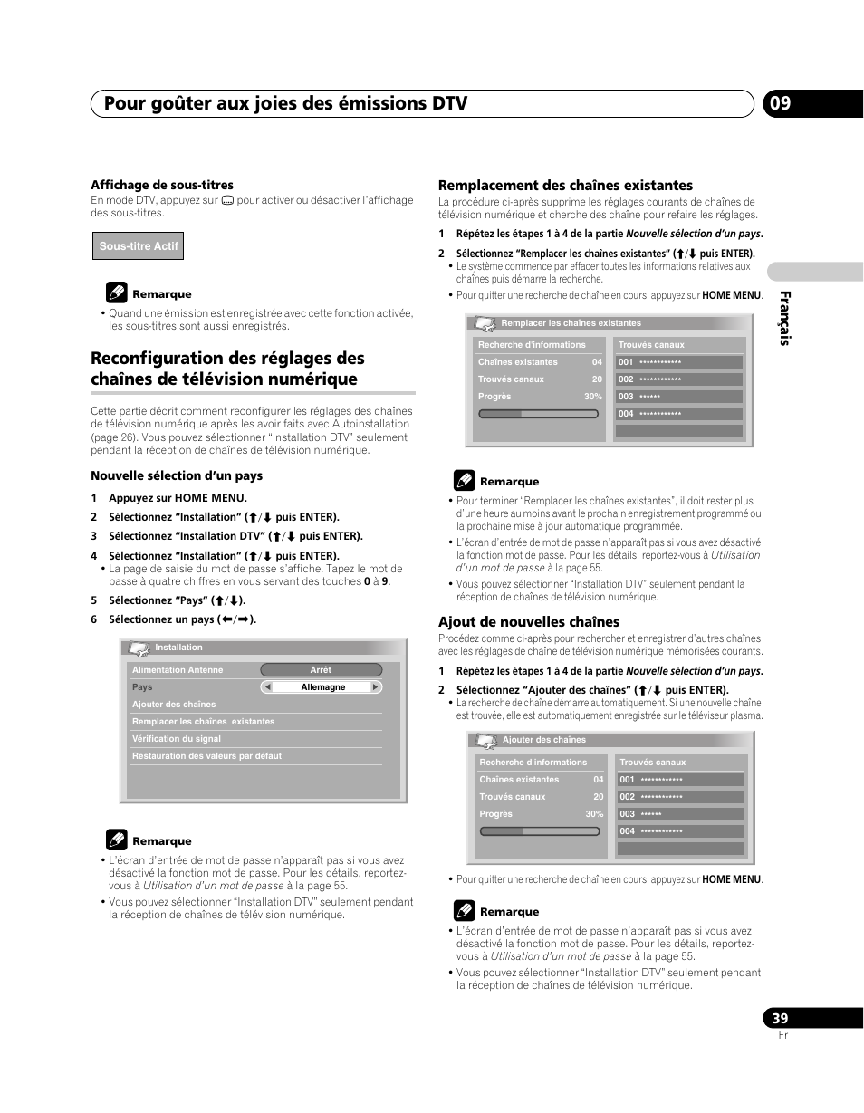 Reconfiguration des réglages des chaînes de, Télévision numérique, Pour goûter aux joies des émissions dtv 09 | Français, Remplacement des chaînes existantes, Ajout de nouvelles chaînes | Pioneer PDP-SX5080D User Manual | Page 117 / 236