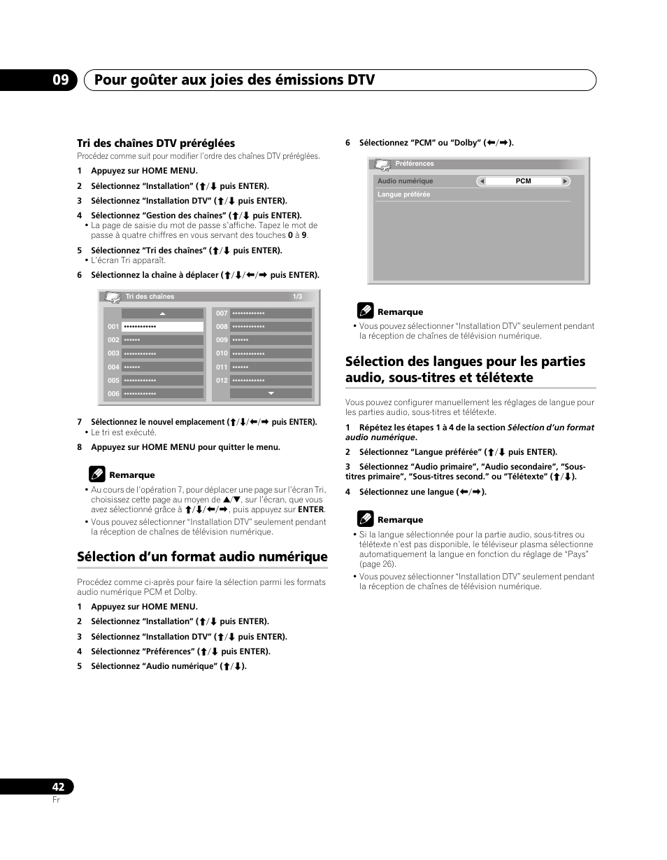Sous-titres et télétexte, Pour goûter aux joies des émissions dtv 09, Sélection d’un format audio numérique | Pioneer PDP-SX5080D User Manual | Page 120 / 236