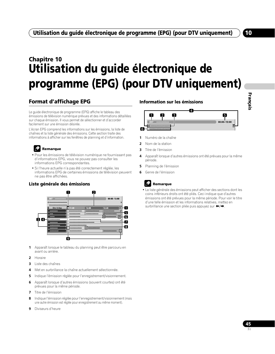 10 utilisation du guide électronique de, Programme (epg) (pour dtv uniquement), Format d’affichage epg | Chapitre 10 | Pioneer PDP-SX5080D User Manual | Page 123 / 236