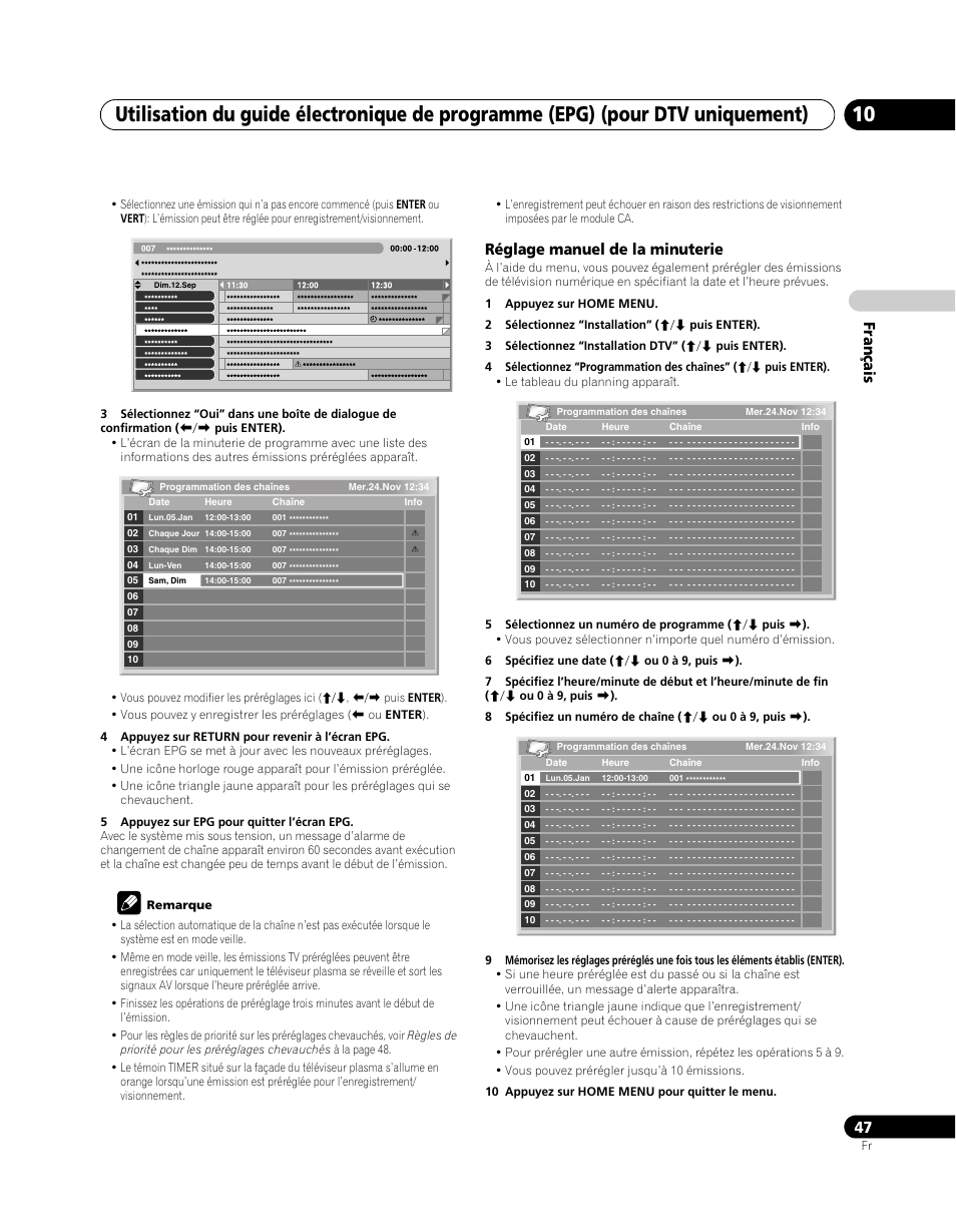 Français, Réglage manuel de la minuterie | Pioneer PDP-SX5080D User Manual | Page 125 / 236
