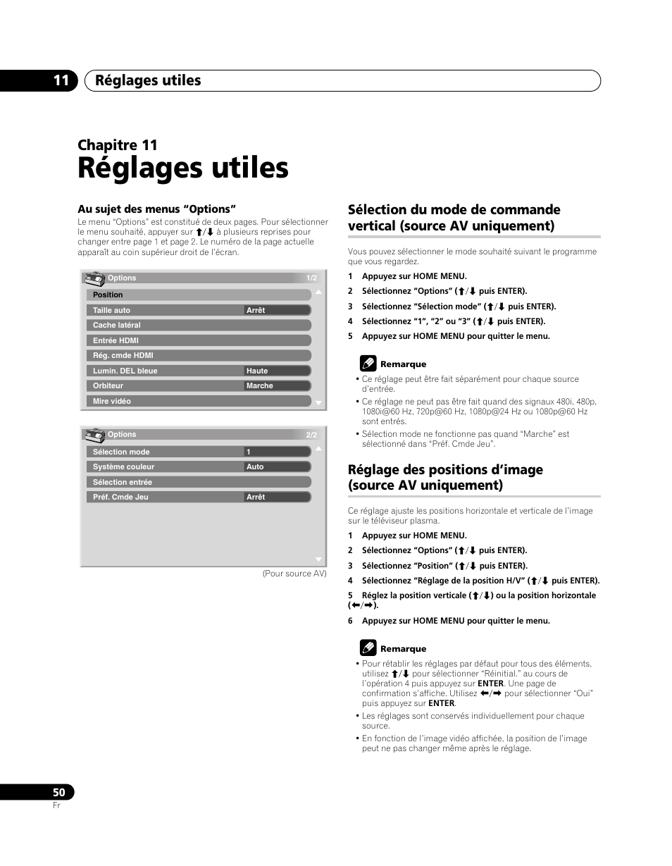 11 réglages utiles, Sélection du mode de commande vertical, Source av uniquement) | Réglage des positions d’image, Réglages utiles, Réglages utiles 11, Chapitre 11 | Pioneer PDP-SX5080D User Manual | Page 128 / 236