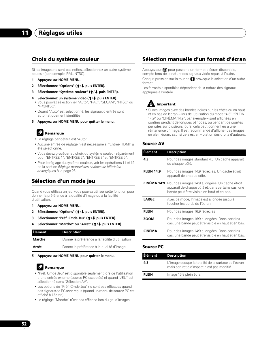 Réglages utiles 11, Choix du système couleur, Sélection d’un mode jeu | Sélection manuelle d’un format d’écran | Pioneer PDP-SX5080D User Manual | Page 130 / 236