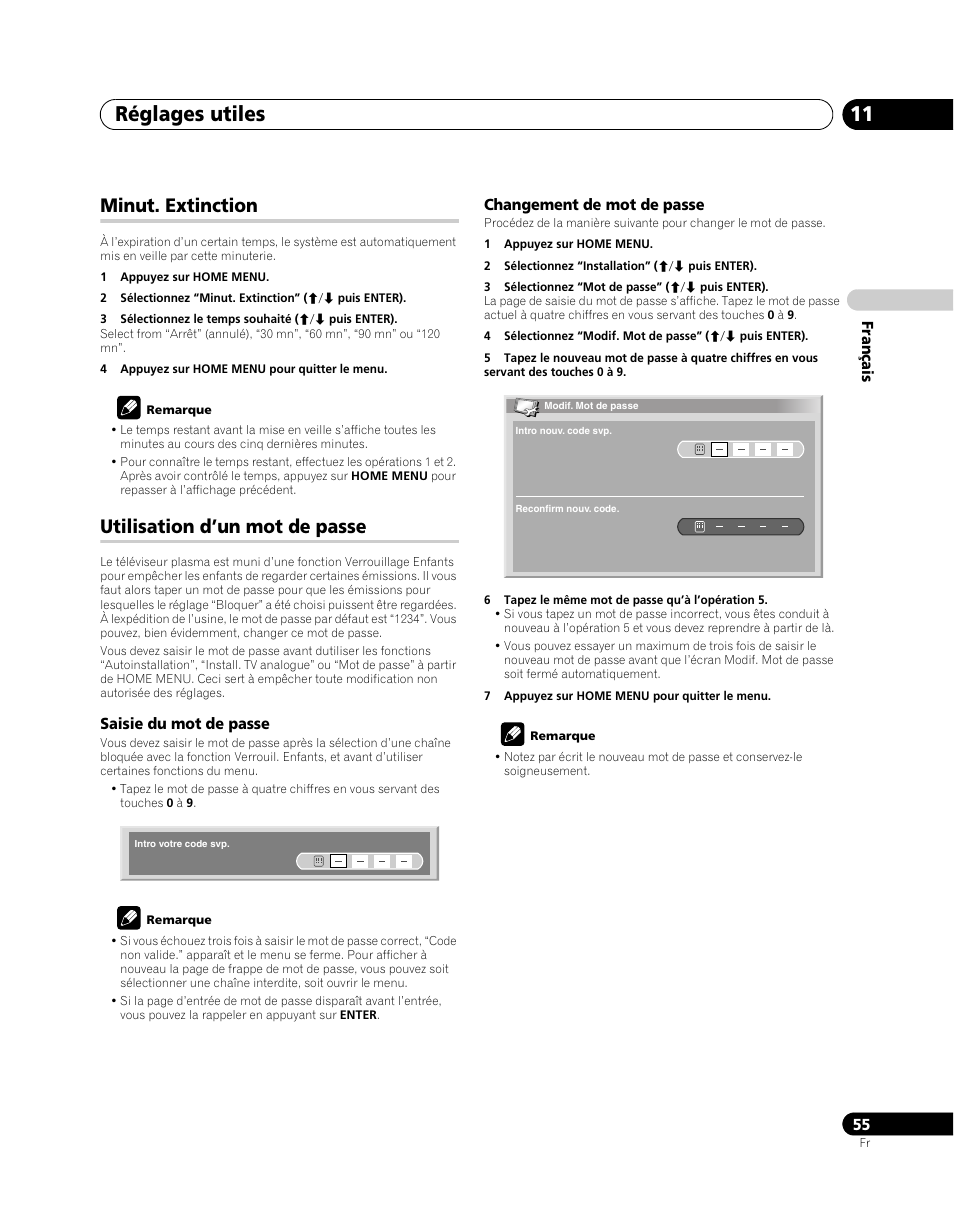 Minut. extinction utilisation d’un mot de passe, Réglages utiles 11, Minut. extinction | Utilisation d’un mot de passe | Pioneer PDP-SX5080D User Manual | Page 133 / 236
