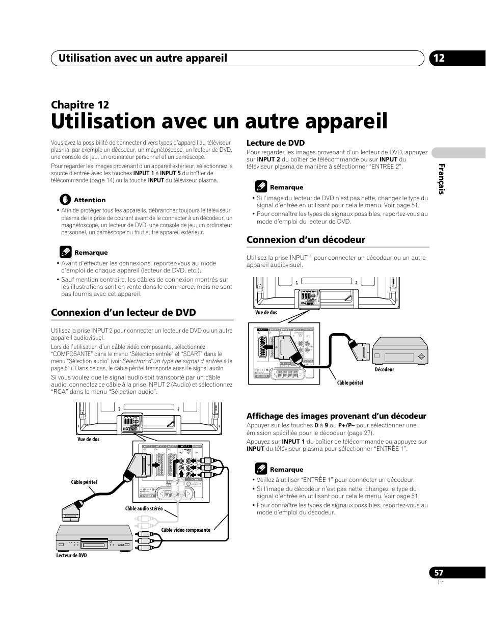 12 utilisation avec un autre appareil, Utilisation avec un autre appareil, Utilisation avec un autre appareil 12 | Chapitre 12, Connexion d’un lecteur de dvd, Connexion d’un décodeur | Pioneer PDP-SX5080D User Manual | Page 135 / 236