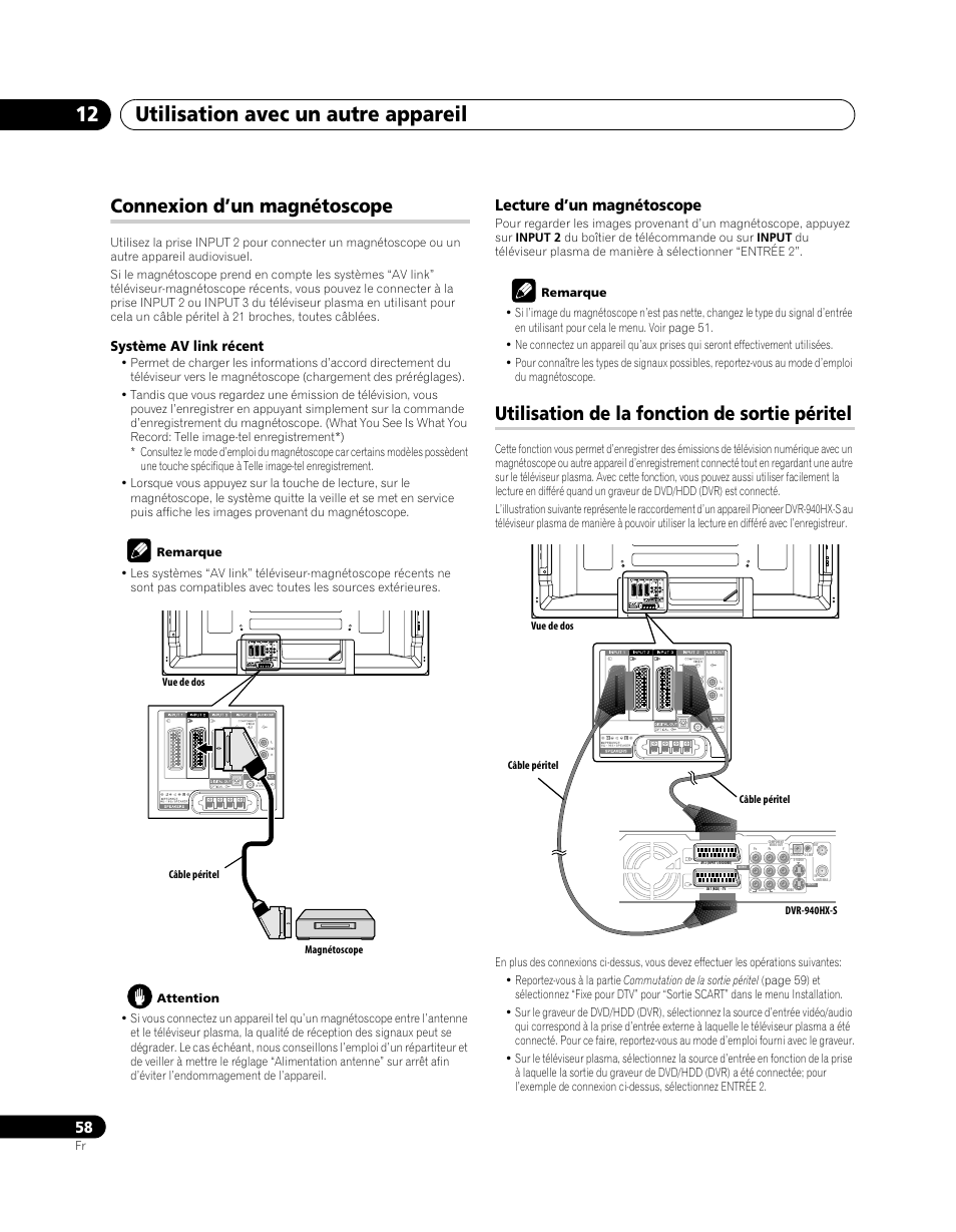 Utilisation avec un autre appareil 12, Connexion d’un magnétoscope, Utilisation de la fonction de sortie péritel | Lecture d’un magnétoscope, Système av link récent | Pioneer PDP-SX5080D User Manual | Page 136 / 236