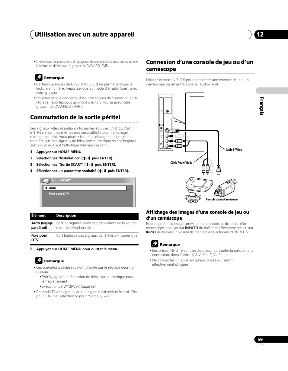 Caméscope, Utilisation avec un autre appareil 12, Commutation de la sortie péritel | Connexion d’une console de jeu ou d’un caméscope | Pioneer PDP-SX5080D User Manual | Page 137 / 236
