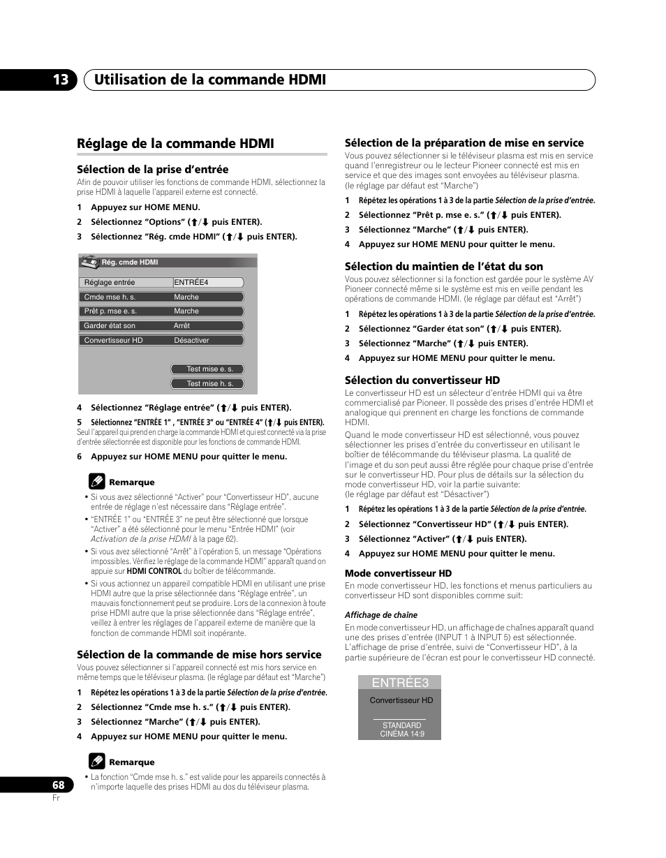 Réglage de la commande hdmi, Utilisation de la commande hdmi 13, Entrée3 | Pioneer PDP-SX5080D User Manual | Page 146 / 236