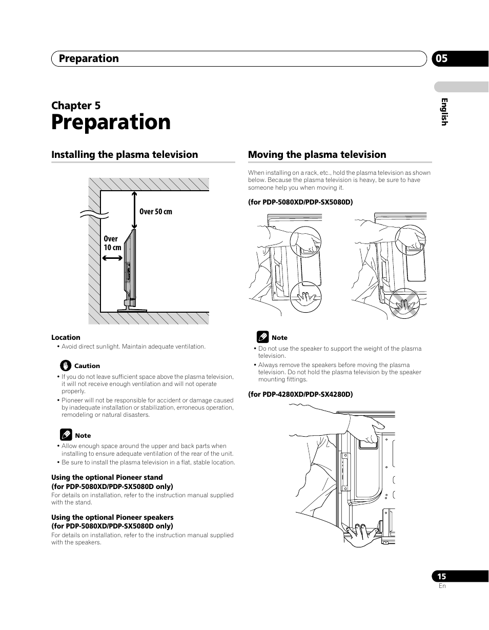 05 preparation, Preparation, Preparation 05 | Chapter 5, Installing the plasma television, Moving the plasma television | Pioneer PDP-SX5080D User Manual | Page 15 / 236