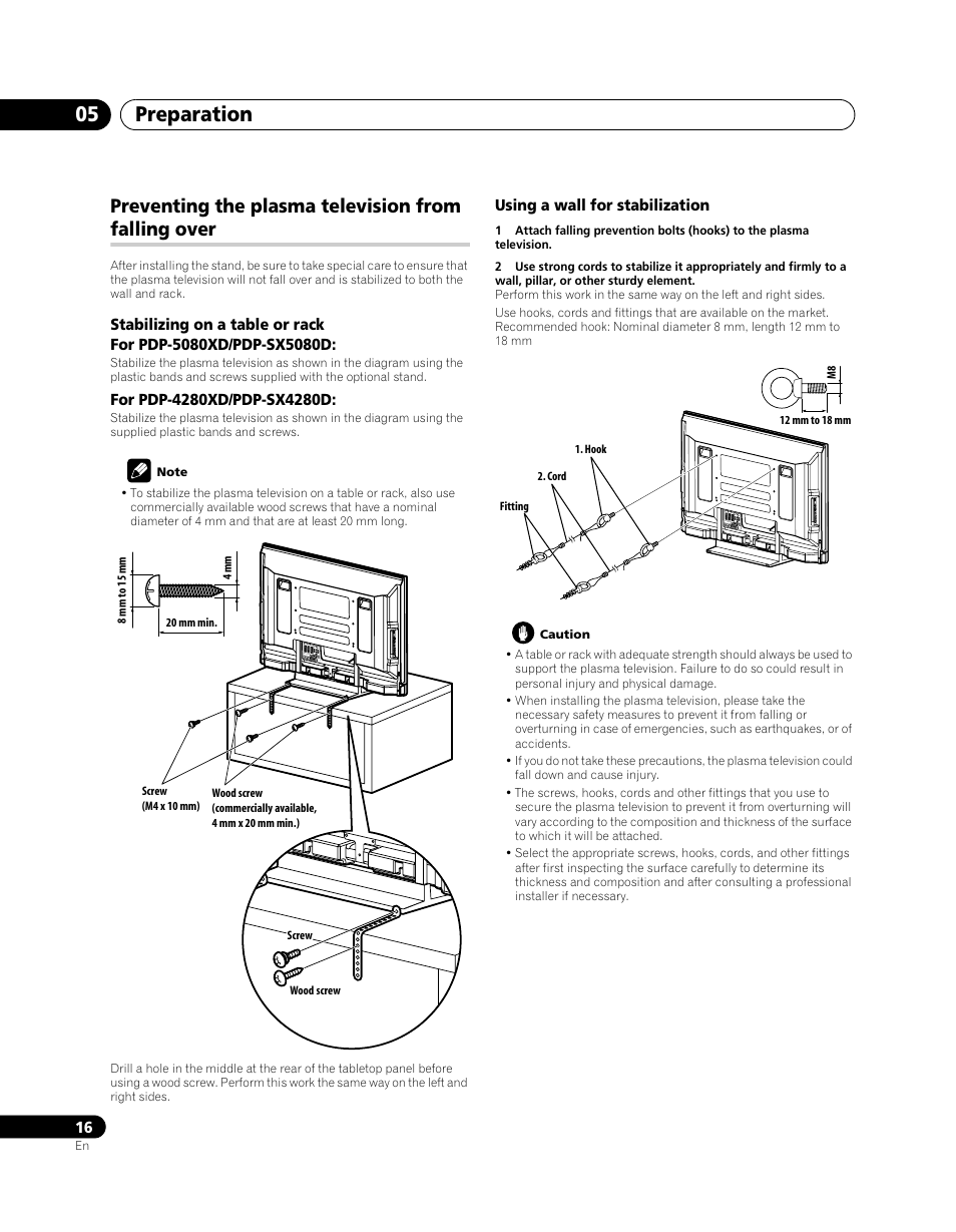 Preventing the plasma television from falling over, Preparation 05 | Pioneer PDP-SX5080D User Manual | Page 16 / 236