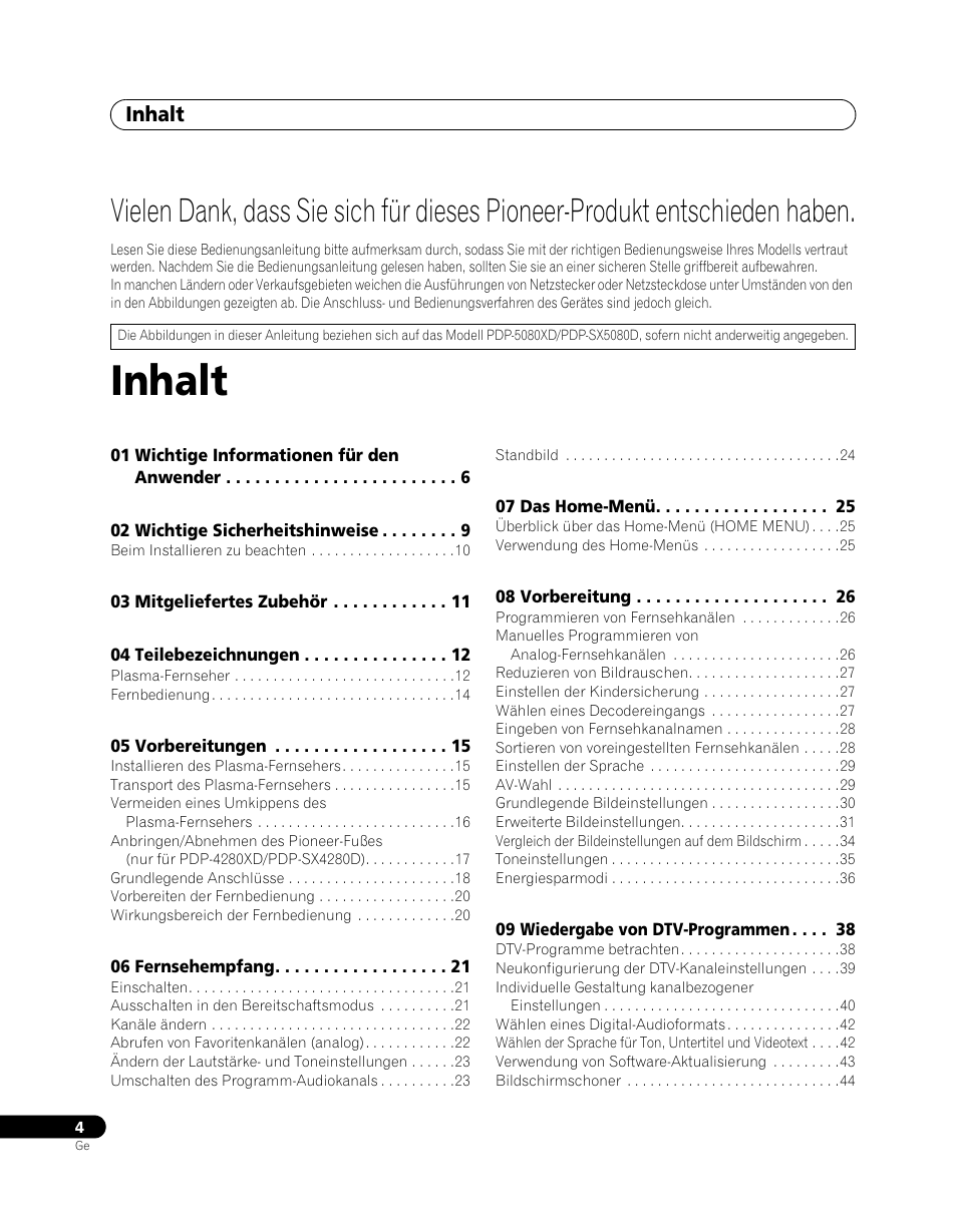 Ungsanleitung, Plasma-fernseher, Inhalt | Pioneer PDP-SX5080D User Manual | Page 160 / 236