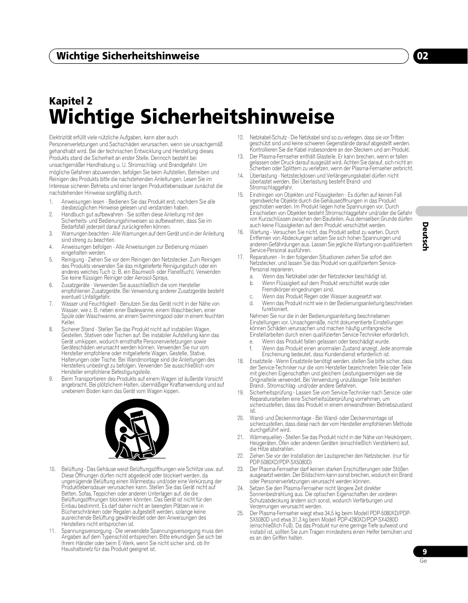 02 wichtige sicherheitshinweise, Wichtige sicherheitshinweise, Wichtige sicherheitshinweise 02 | Kapitel 2 | Pioneer PDP-SX5080D User Manual | Page 165 / 236