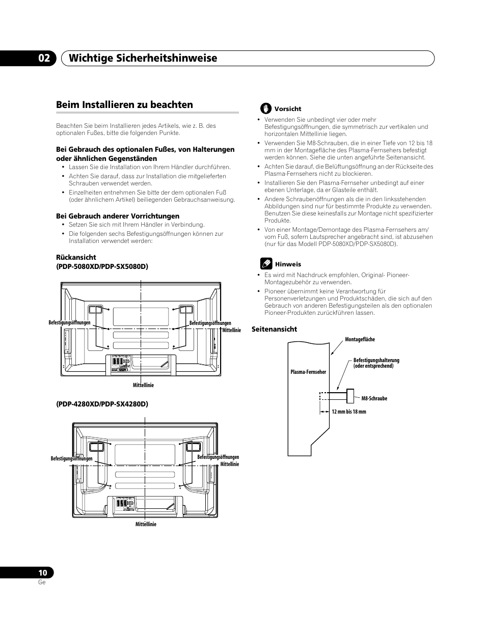 Beim installieren zu beachten, Wichtige sicherheitshinweise 02 | Pioneer PDP-SX5080D User Manual | Page 166 / 236