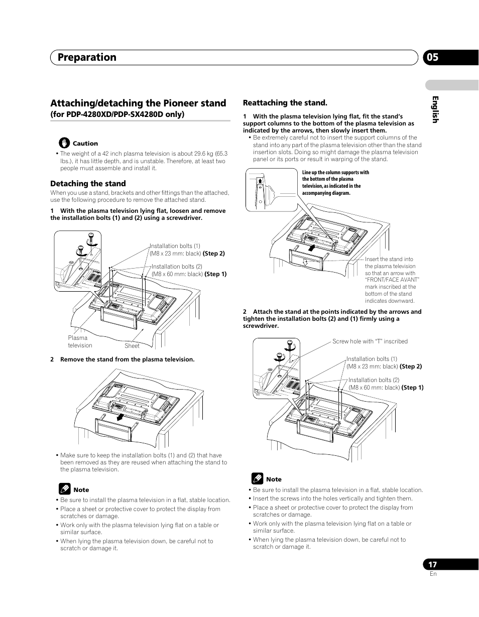 Attaching/detaching the pioneer stand, For pdp-4280xd/pdp-sx4280d only), Preparation 05 | Pioneer PDP-SX5080D User Manual | Page 17 / 236