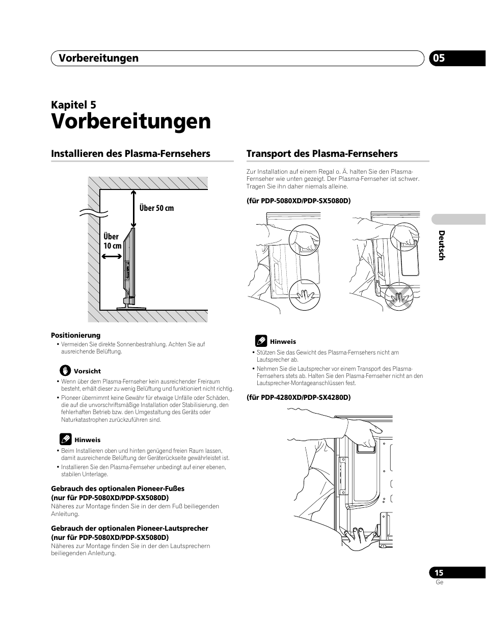 05 vorbereitungen, Vorbereitungen, Vorbereitungen 05 | Kapitel 5, Installieren des plasma-fernsehers, Transport des plasma-fernsehers | Pioneer PDP-SX5080D User Manual | Page 171 / 236