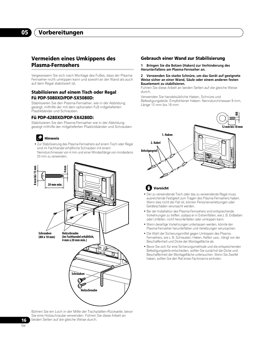 Vermeiden eines umkippens des, Plasma-fernsehers, Vorbereitungen 05 | Vermeiden eines umkippens des plasma-fernsehers | Pioneer PDP-SX5080D User Manual | Page 172 / 236