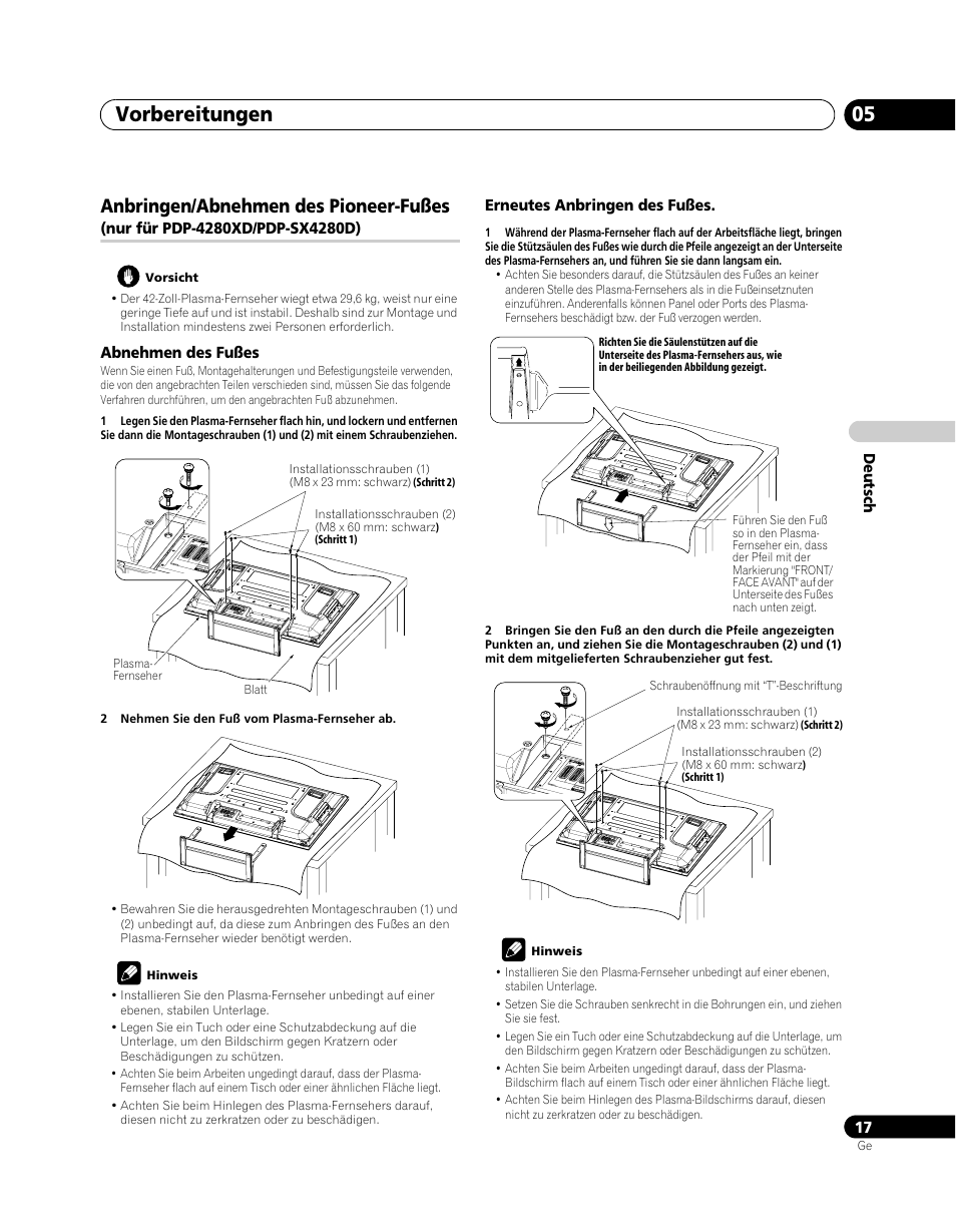 Vorbereitungen 05, Anbringen/abnehmen des pioneer-fußes | Pioneer PDP-SX5080D User Manual | Page 173 / 236
