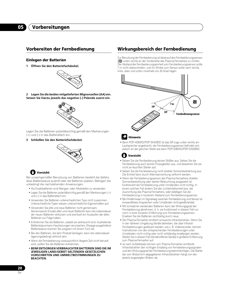 Vorbereitungen 05, Vorbereiten der fernbedienung, Wirkungsbereich der fernbedienung | Pioneer PDP-SX5080D User Manual | Page 176 / 236