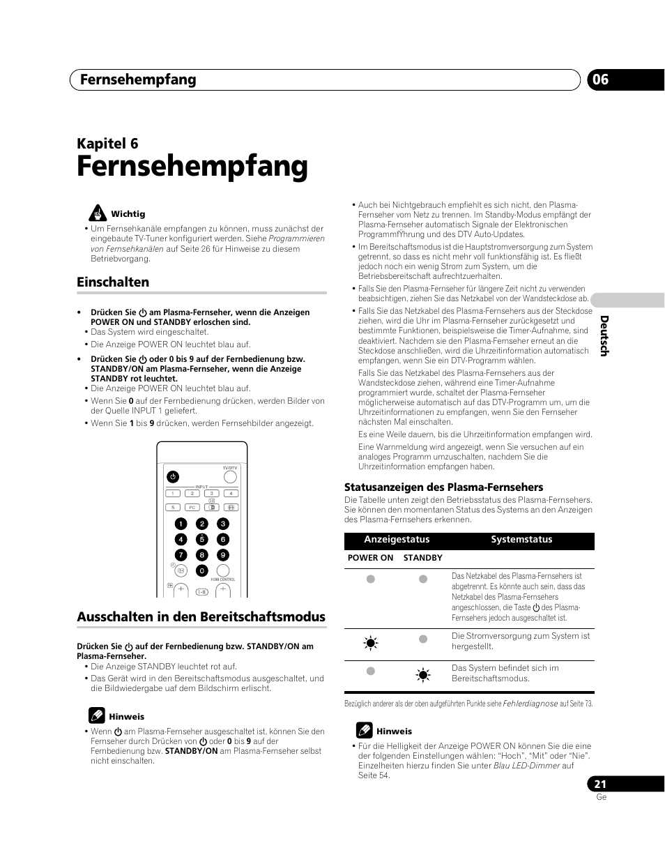 06 fernsehempfang, Einschalten ausschalten in den bereitschaftsmodus, Fernsehempfang | Fernsehempfang 06, Kapitel 6, Einschalten, Ausschalten in den bereitschaftsmodus | Pioneer PDP-SX5080D User Manual | Page 177 / 236
