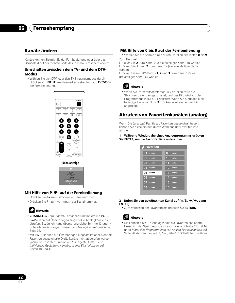 Fernsehempfang 06, Kanäle ändern, Abrufen von favoritenkanälen (analog) | Pioneer PDP-SX5080D User Manual | Page 178 / 236