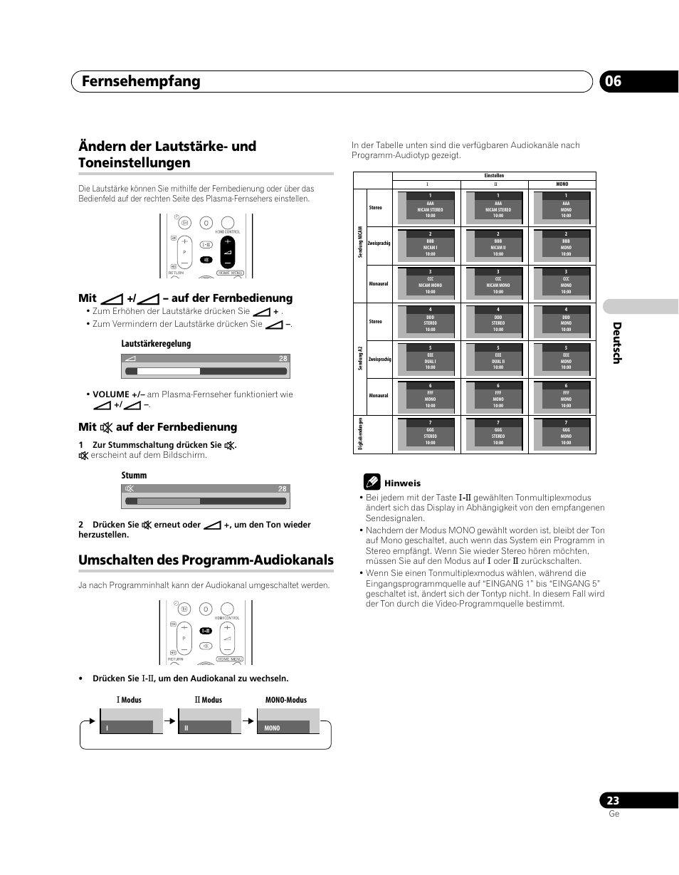 Fernsehempfang 06, Ändern der lautstärke- und toneinstellungen, Umschalten des programm-audiokanals | De utsch, Mit i +/ i – auf der fernbedienung, Mit e auf der fernbedienung, Lautstärkeregelung stumm | Pioneer PDP-SX5080D User Manual | Page 179 / 236