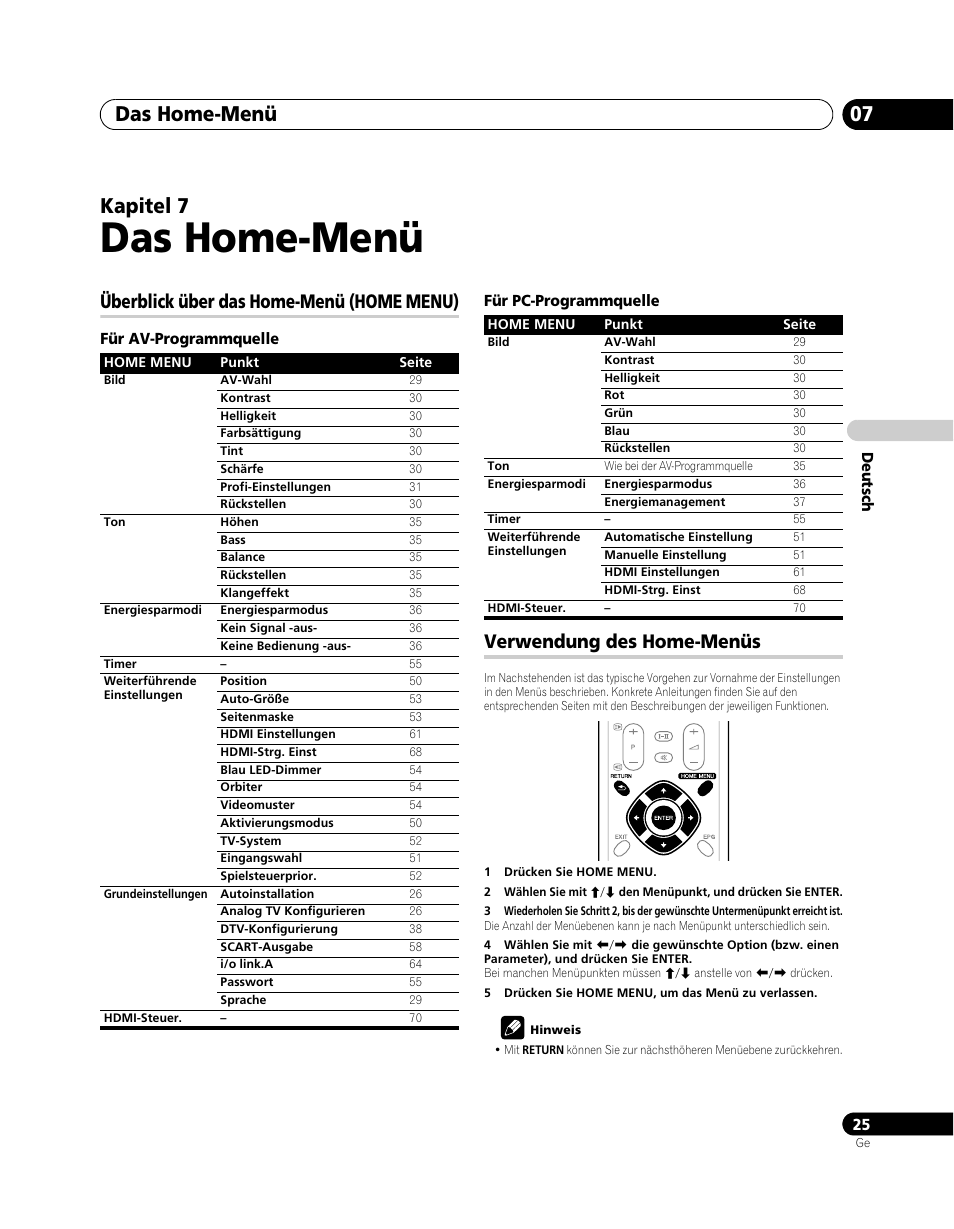 07 das home-menü, Das home-menü, Das home-menü 07 | Kapitel 7, Überblick über das home-menü (home menu), Verwendung des home-menüs | Pioneer PDP-SX5080D User Manual | Page 181 / 236