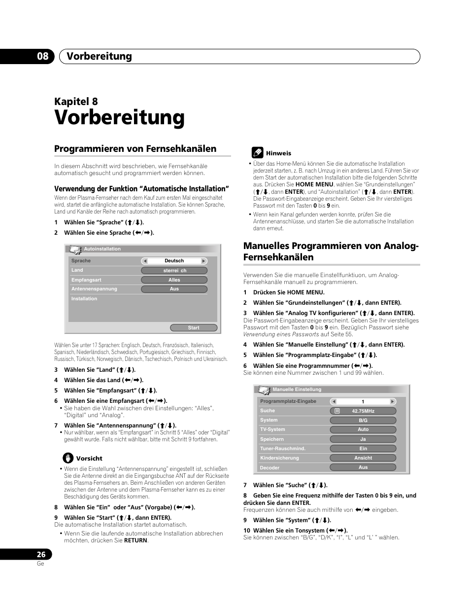 08 vorbereitung, Analog-fernsehkanälen, Vorbereitung | Vorbereitung 08, Kapitel 8, Programmieren von fernsehkanälen, Manuelles programmieren von analog- fernsehkanälen | Pioneer PDP-SX5080D User Manual | Page 182 / 236