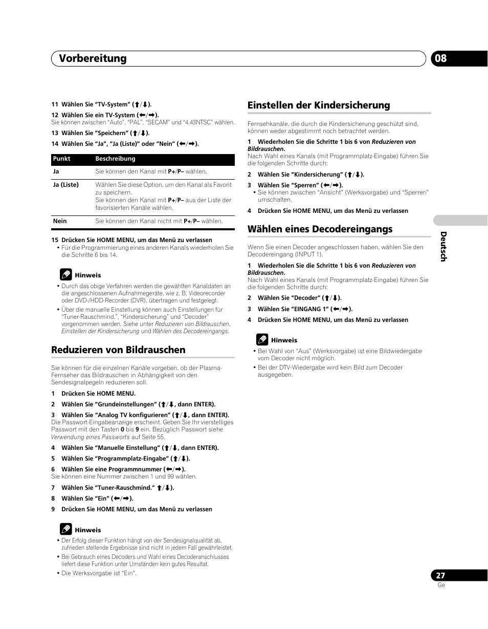 Vorbereitung 08, Reduzieren von bildrauschen, Einstellen der kindersicherung | Wählen eines decodereingangs | Pioneer PDP-SX5080D User Manual | Page 183 / 236