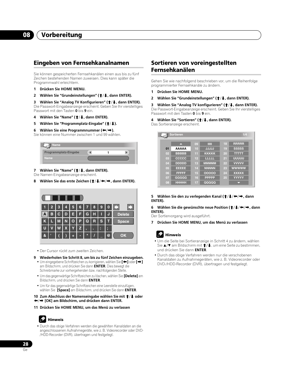 Vorbereitung 08, Eingeben von fernsehkanalnamen, Sortieren von voreingestellten fernsehkanälen | Pioneer PDP-SX5080D User Manual | Page 184 / 236