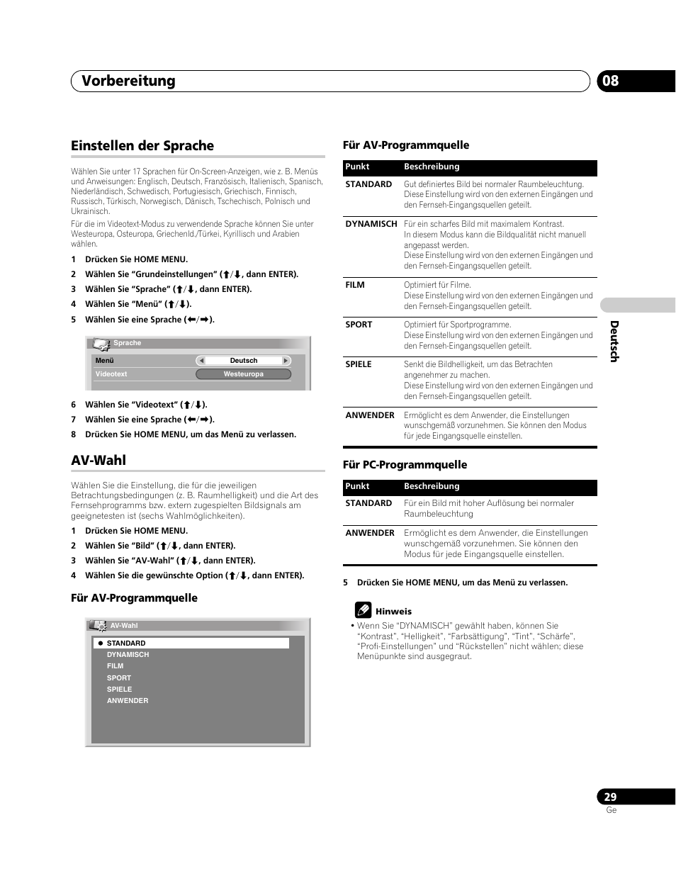 Einstellen der sprache av-wahl, Vorbereitung 08, Einstellen der sprache | Av-wahl | Pioneer PDP-SX5080D User Manual | Page 185 / 236