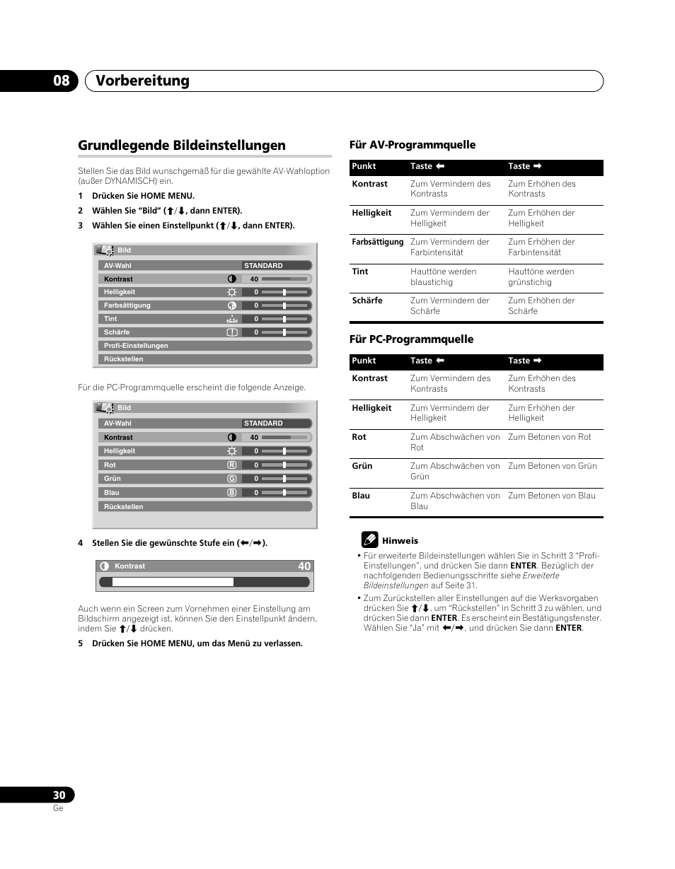 Grundlegende bildeinstellungen, Vorbereitung 08, Für av-programmquelle für pc-programmquelle | Pioneer PDP-SX5080D User Manual | Page 186 / 236