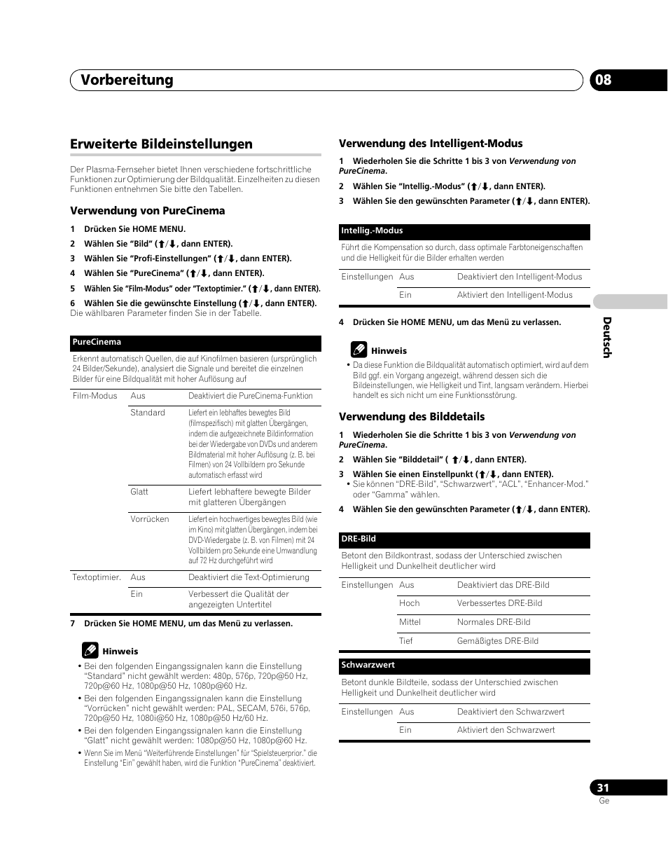 Erweiterte bildeinstellungen, Vorbereitung 08 | Pioneer PDP-SX5080D User Manual | Page 187 / 236