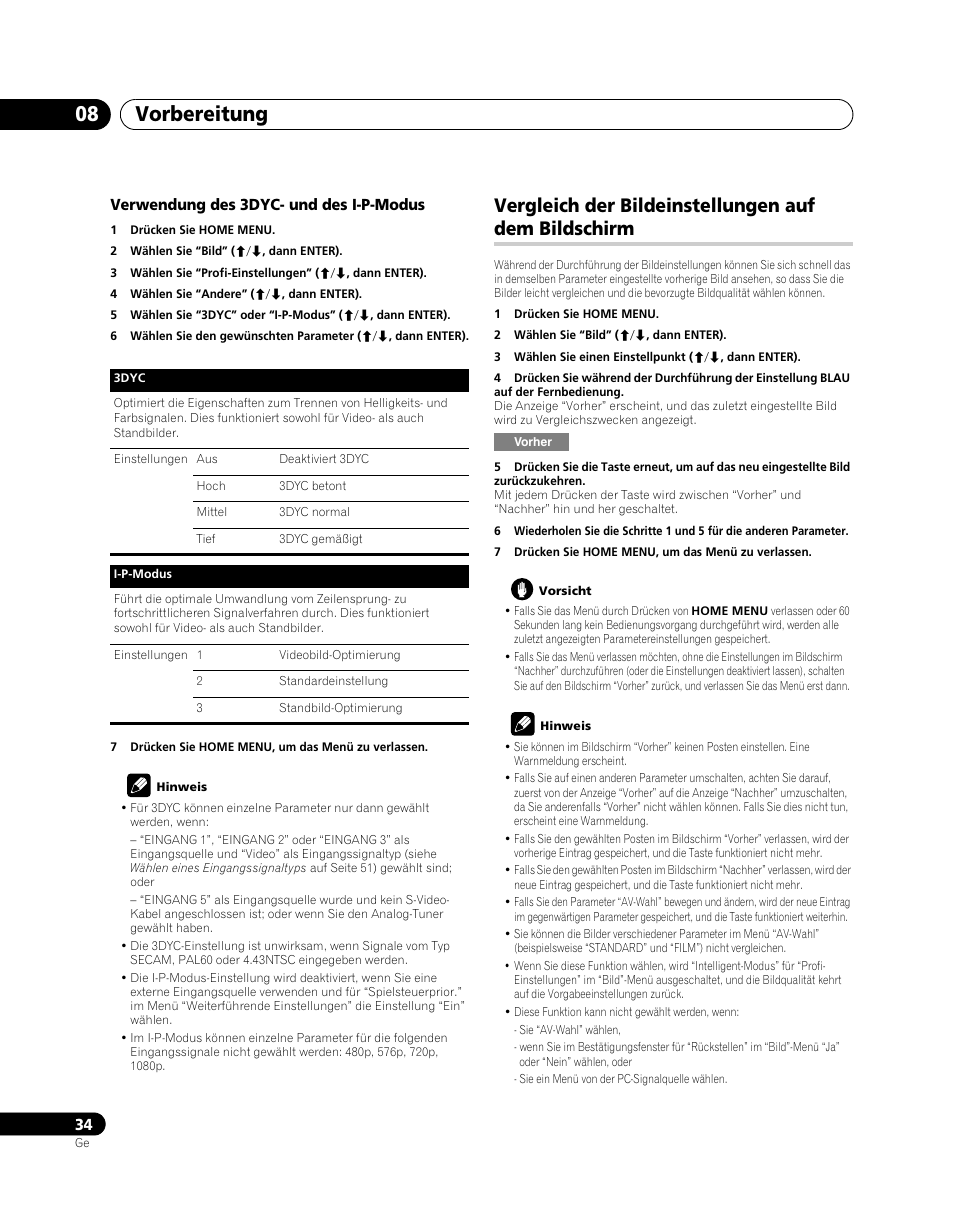 Vergleich der bildeinstellungen auf dem bildschirm, Vorbereitung 08 | Pioneer PDP-SX5080D User Manual | Page 190 / 236