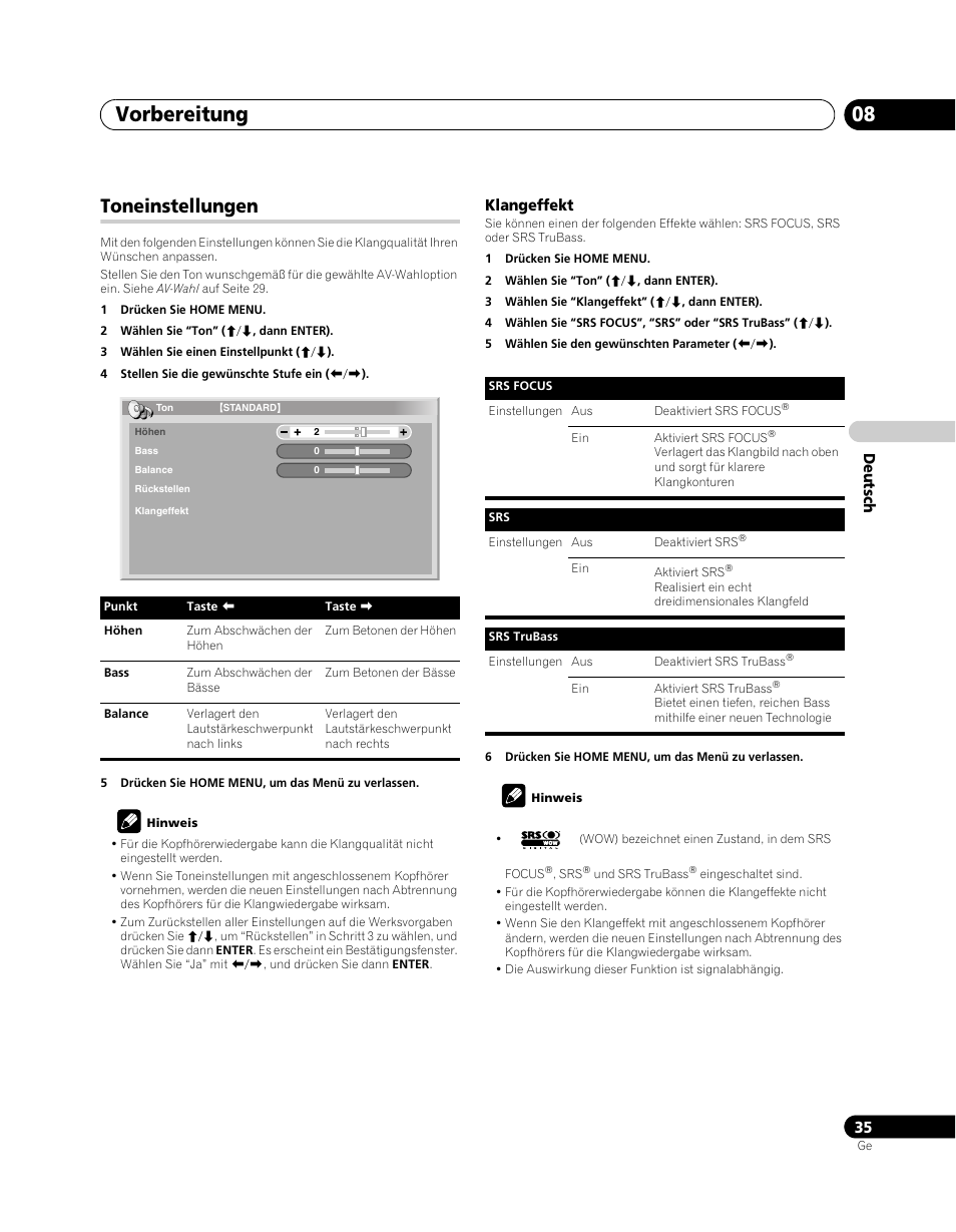 Toneinstellungen, Vorbereitung 08 | Pioneer PDP-SX5080D User Manual | Page 191 / 236