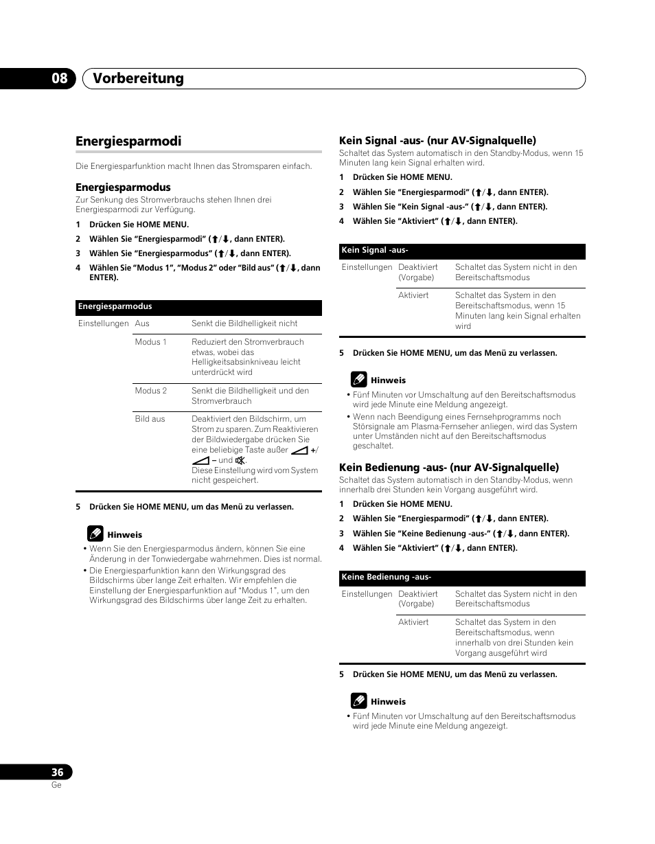 Energiesparmodi, Vorbereitung 08 | Pioneer PDP-SX5080D User Manual | Page 192 / 236
